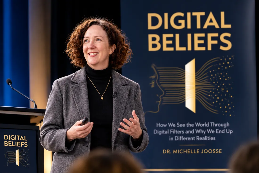 Dr Michelle Joosse presenting on stage in front of the Digital Beliefs cover